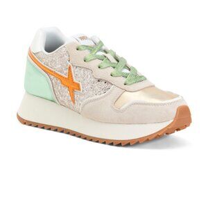 W6yZ Women's Jet-W Suede Sneaker Cream Multicolor Metallic & Glitter Size 38 NEW